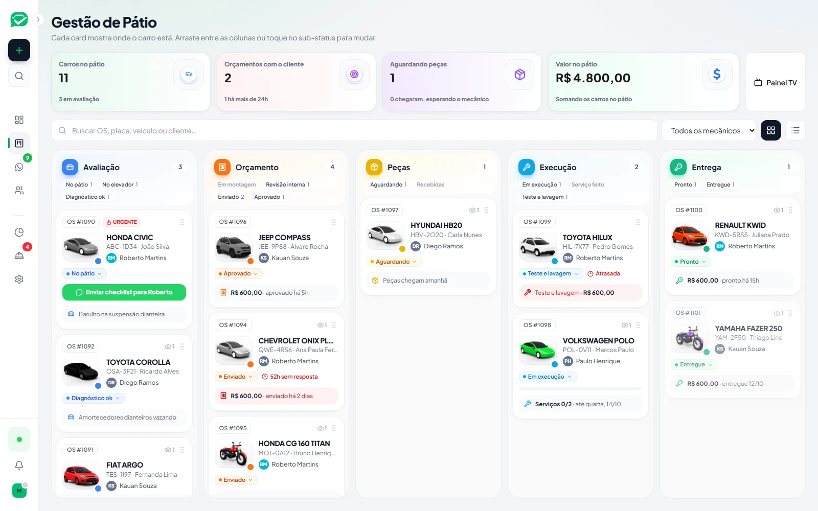 Pátio do CheckZap com os carros em cada etapa